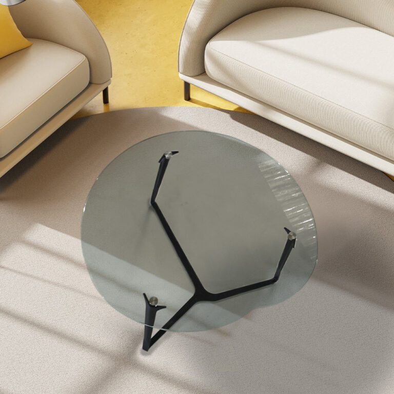 Tavolino da caffè in vetro – Design a forma di mela con struttura in acciaio grigio antracite