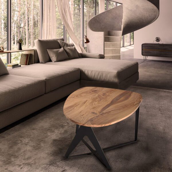 Alt Text: Tavolino dal design moderno – Legno massello di olivo con struttura in acciaio grigio antracite