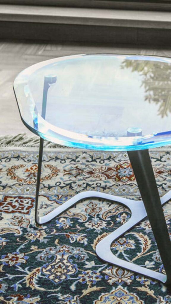 Stilla Glass Coffee Table with Sculptural Walnut Base