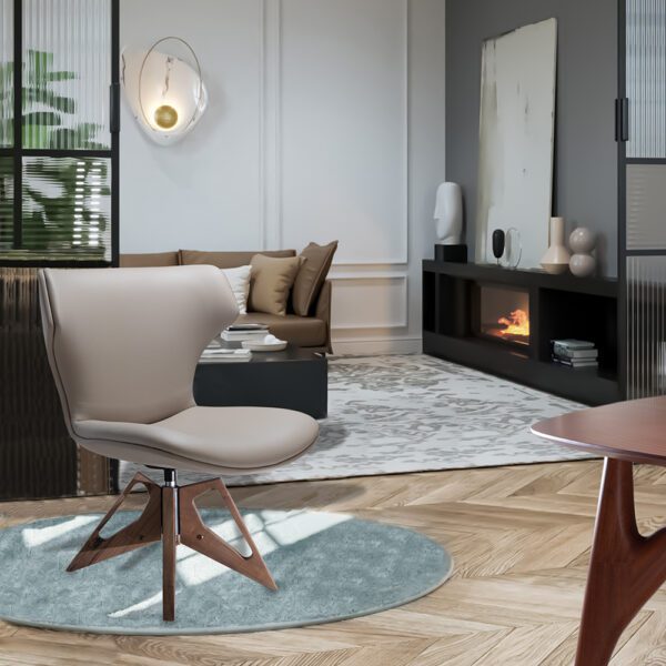 Arredamento moderno italiano. La poltrona in pelle Aurora collocata in un ambiente domestico, perfettamente integrata con un arredamento moderno, che evidenzia il suo comfort e la sua eleganza.