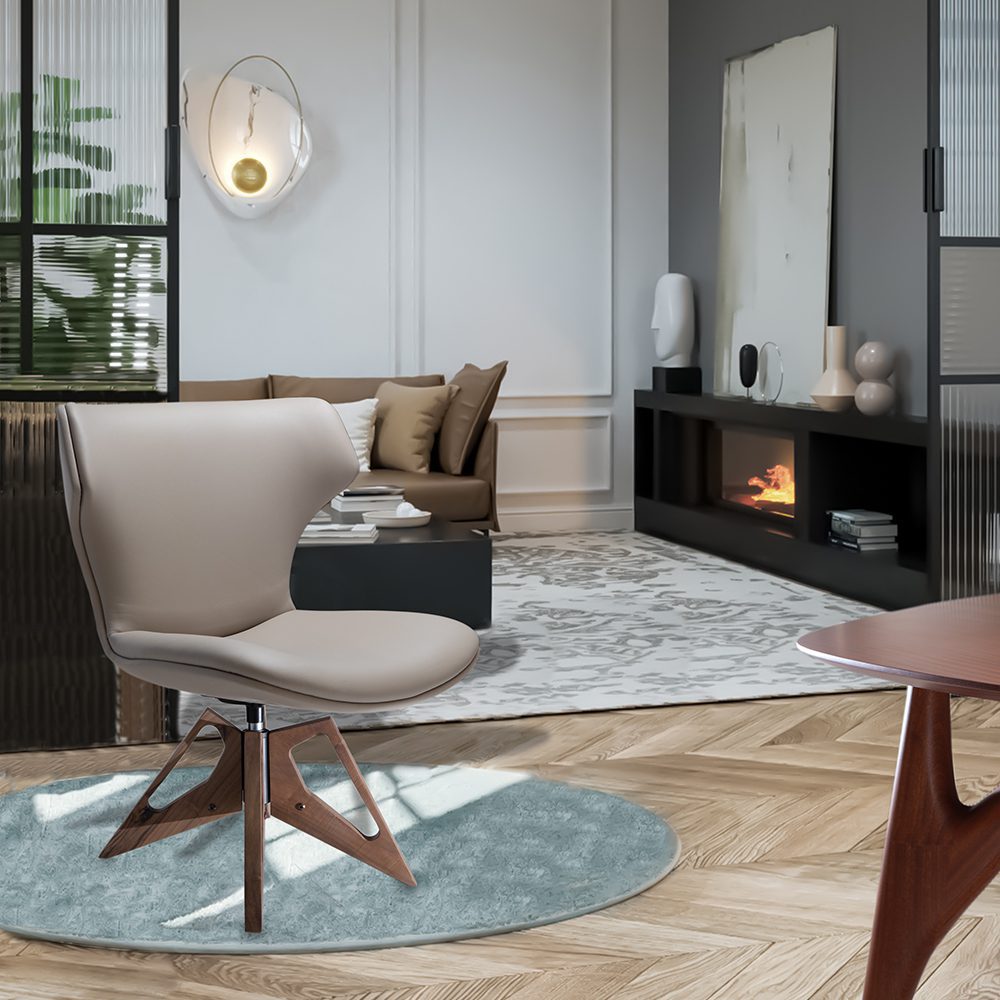 Arredamento moderno italiano. La poltrona in pelle Aurora collocata in un ambiente domestico, perfettamente integrata con un arredamento moderno, che evidenzia il suo comfort e la sua eleganza.