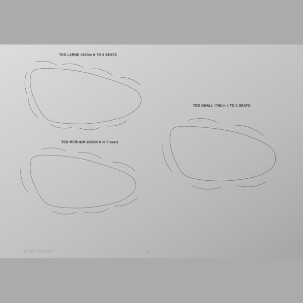 Disegno tecnico che mostra le misure del tavolo da pranzo moderno TED.