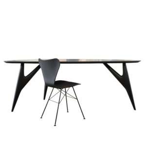 Tavolo nero da pranzo in legno di frassino dal design moderno e minimalista di Greyge, con una superficie elegante e raffinata.