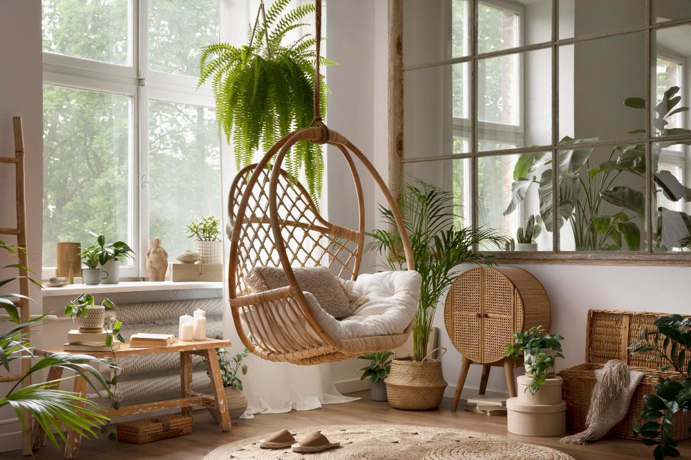 stylish boho composition with changing swing window commode wooden bench beige carpet with brown slippers white wall template