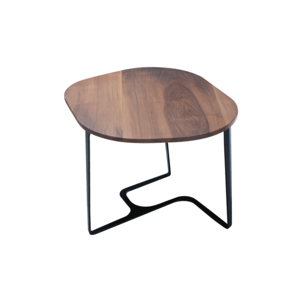 Tavolino da caffè moderno in legno massello Stilla Walnut con piano in noce e gambe in acciaio nero.